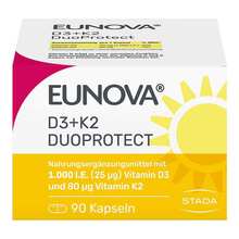 Abbildung: Eunova Duoprotect D3 + K2 1000 I.E. / 80 µg Kapseln 90 St, Kapseln PZN 13360645 