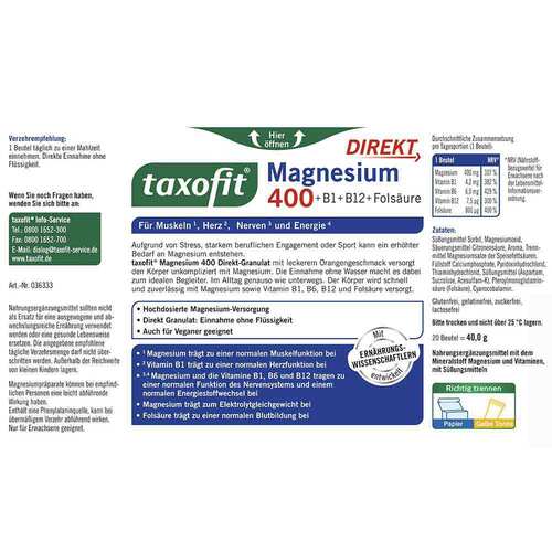 Taxofit Magnesium 400 + B1 + B6 + B12 + Fols&auml;ure 800 Granulat - 2