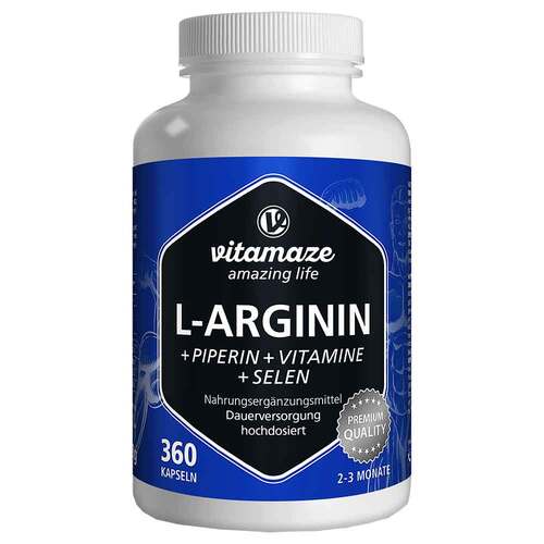 L-Arginin 750 mg hochdosiert + Piperin + Vitamine Kapseln - 1